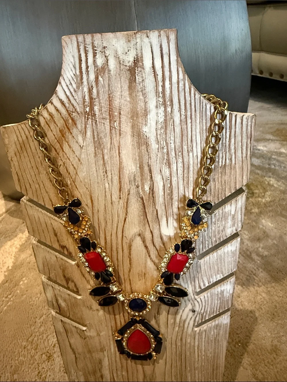 Gold-Tone Statement Necklace with Red and Navy Stones